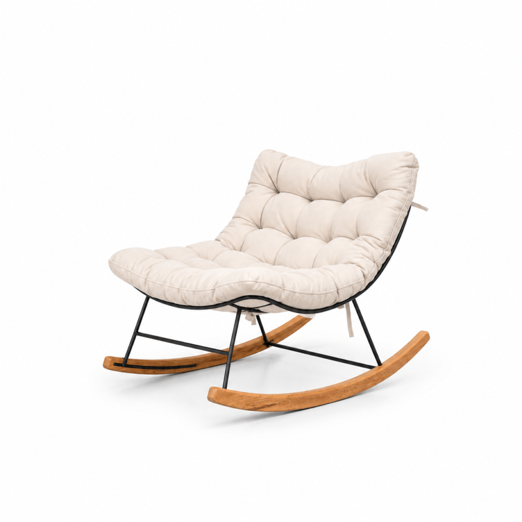 Fauteuil à Bascule MAYA – Métal Noir, Bois & Assise Capitonnée