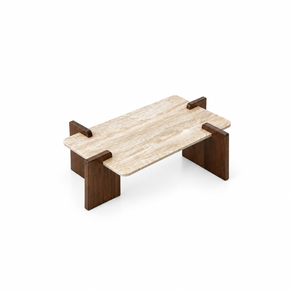Table Basse ALMA – Travertin Beige & Bois Noyer